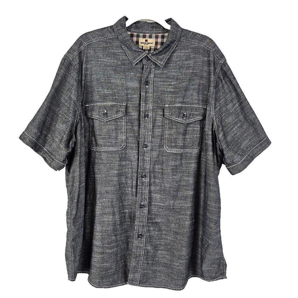 Woolrich Mens Gray Short Sleeve Button Down Shirt Size XXL Pockets Cotton